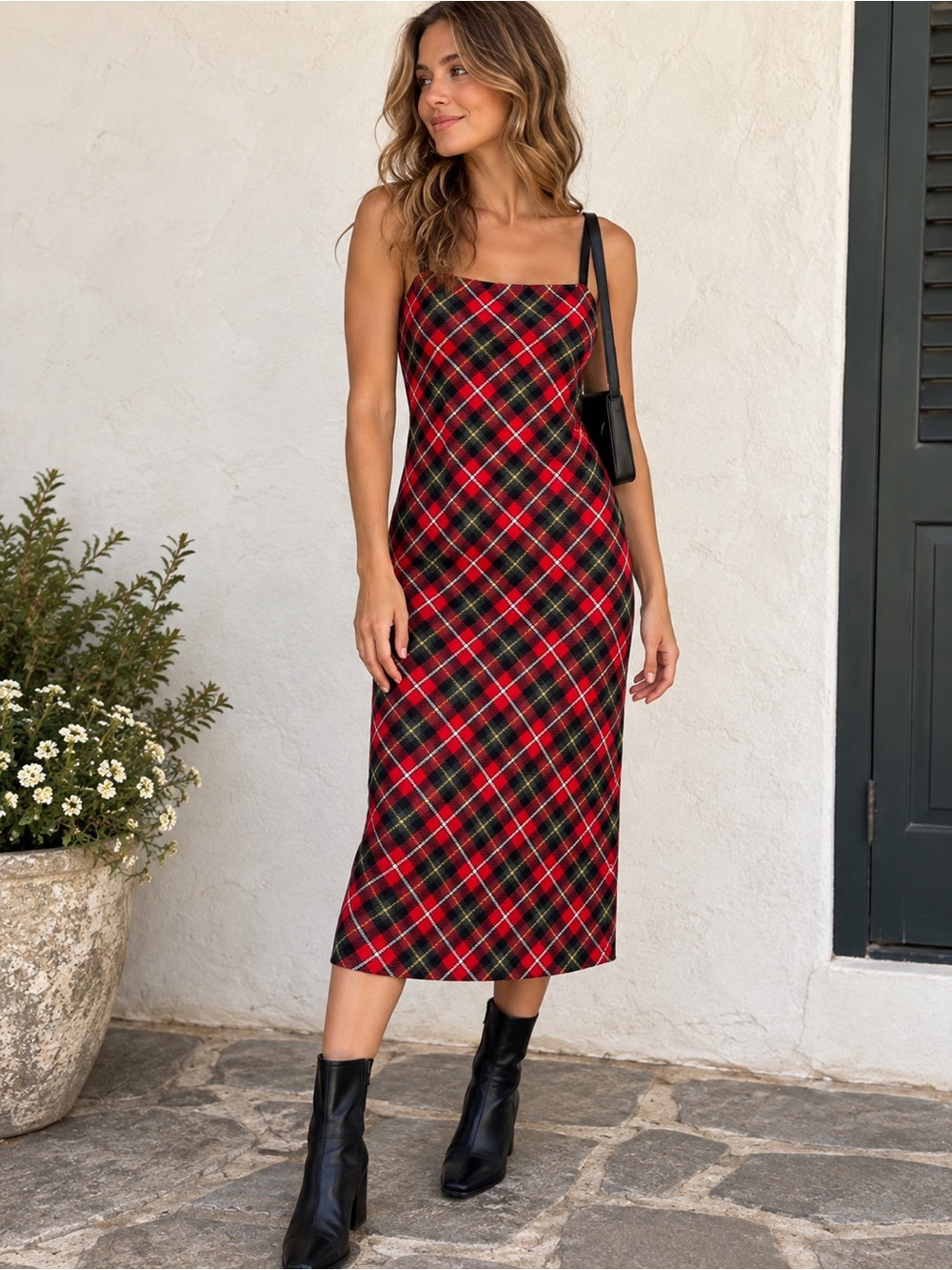 Vintage Tommy Hilfiger Plaid Wool Blend Midi Dress Small 90s Preppy